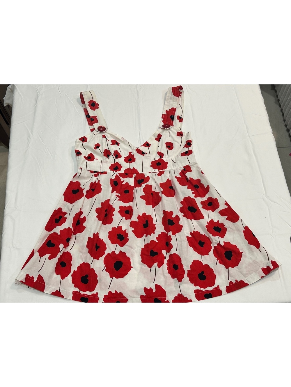 Y2K Women's White Cotton Sundress with Red Poppy Floral Print, Size Small